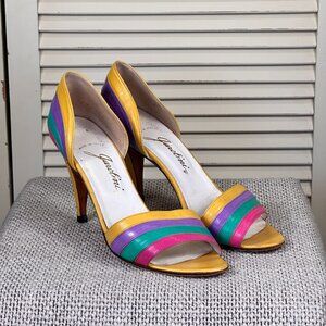 Garolini Vintage 80s Italian Colorblock Rainbow Heels Yellow Purple Pink Size 8